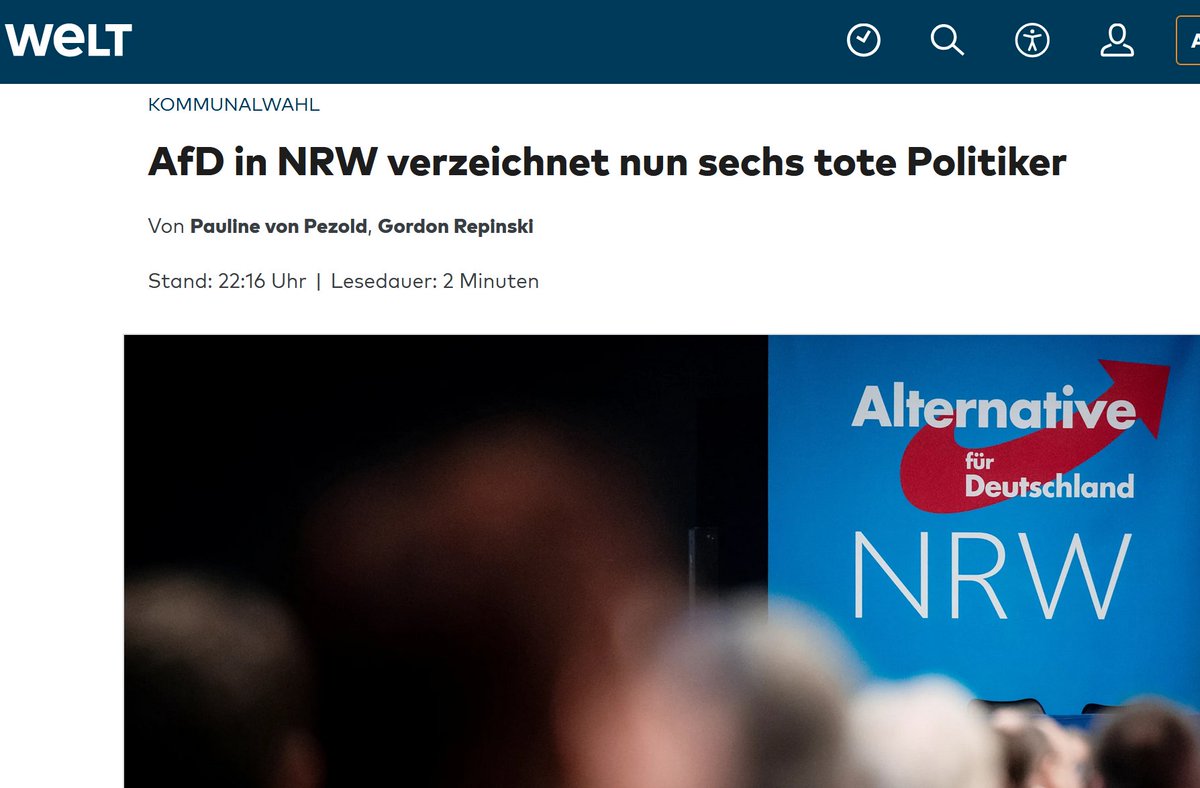 AfD-Politiker waren teils „vorerkrankt”. Erinnert mich an die Impftoten. Wenn binnen 13 Tagen mehrere Kandidaten versterben, die alle derselben Partei angehören, muss man nachfragen. Ohne soziale Medien hätte man den Mord an der 16-Jährigen als Unfall abgehakt.

Hintergrund: Auf