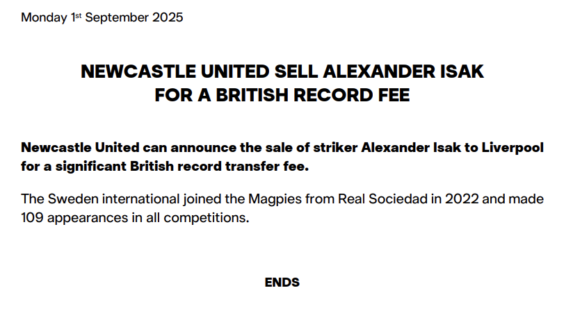 DomScurr's tweet photo. Brutally short statement from NUFC confirming the deal.

No reference to his goals or achievements at the club, thanks or well wishes for the future.

Fair play. https://t.co/BktvA9RQax