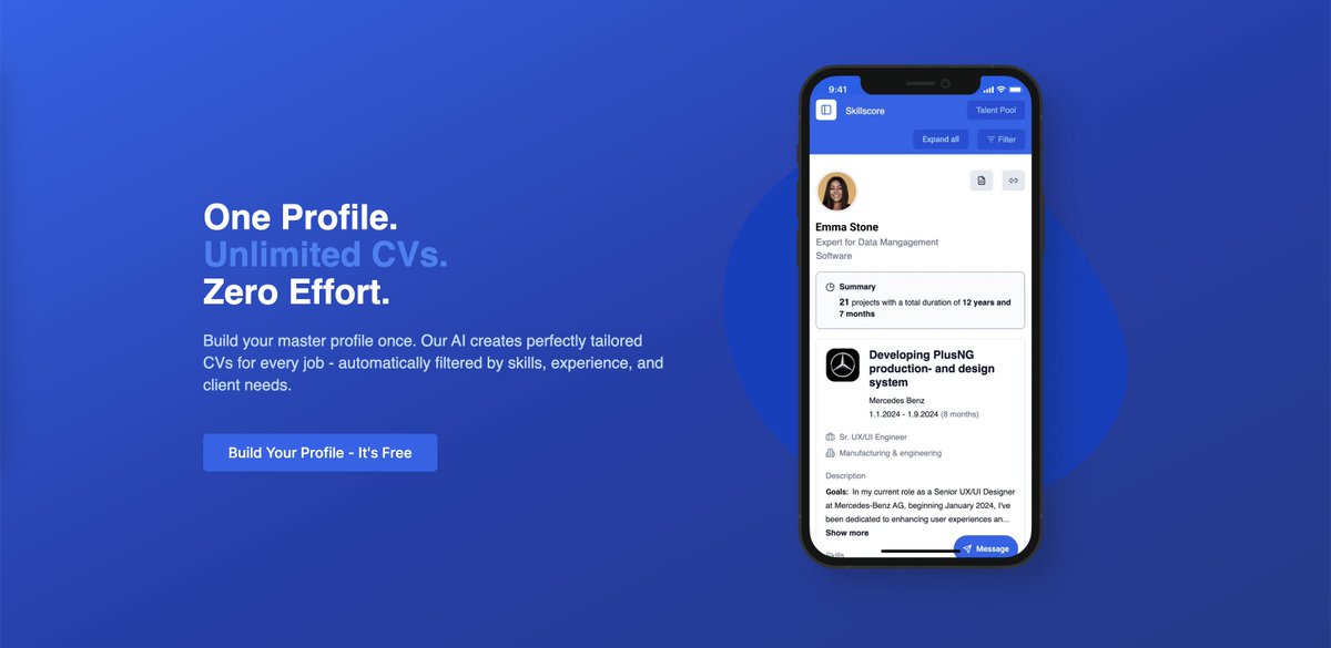alexamkit's tweet image. SkillScore - AI Talent Matching : AI-powered CVs & Skill Matching for freelancers & recruiters producthunt.com/products/skill… via @producthunt