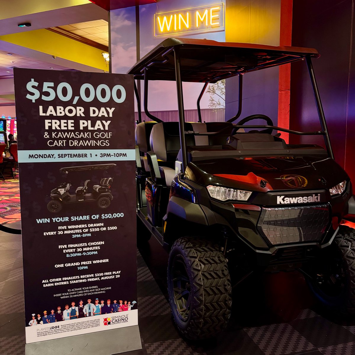 Happy Labor Day! In celebration, we are currently calling winners now thorough 10:30 PM for our $50,000 Labor Day Free Play &amp; Kawasaki Golf Cart Drawings. Five winners every 30 minutes and the Kawasaki Golf Cart Grand Prize Drawing will be at 10:30PM. Good luck! ✨ #WinBig