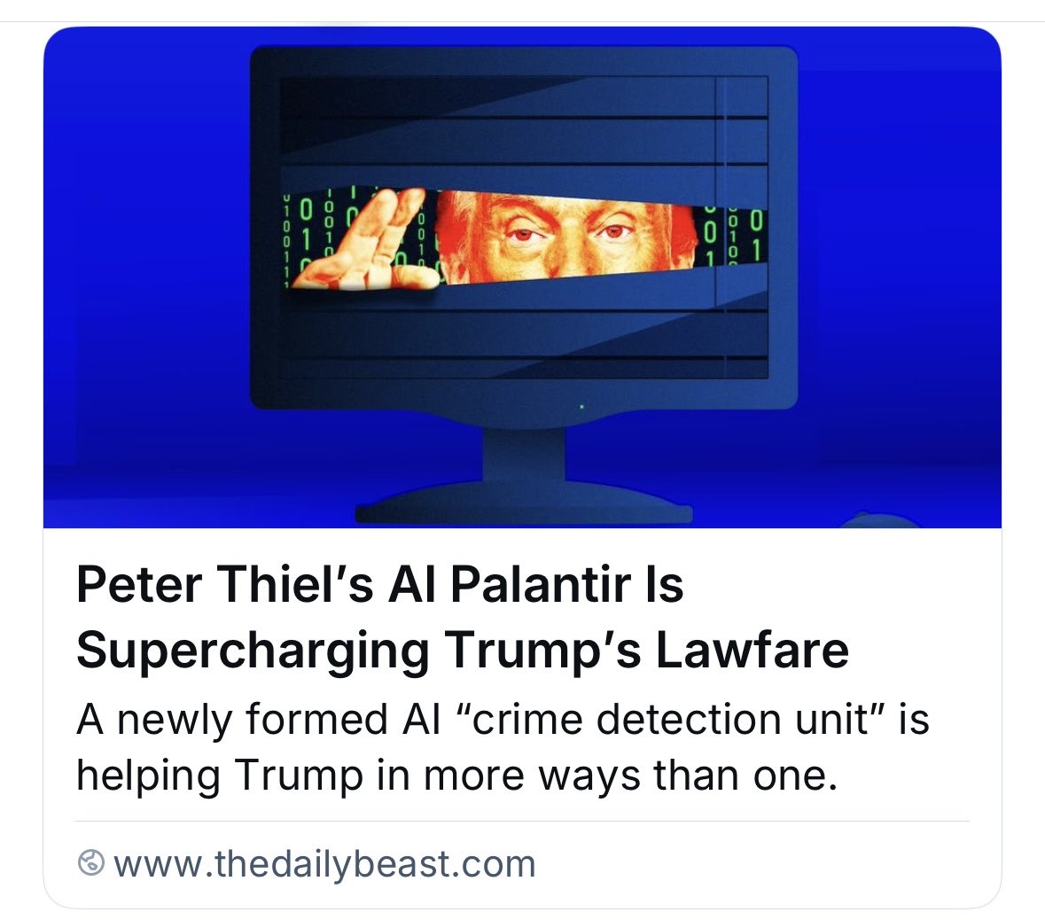 “Peter Thiel’s AI Palantir Is Supercharging Trump’s Lawfare.” In May, Trump’s FHFA Director Bill Pulte announced a “partnership” w/ Palantir to “establish an ‘AI-powered Crime Detection Unit (CDU).’” The CDU promptly  began “work at the Federal National Mortgage Association