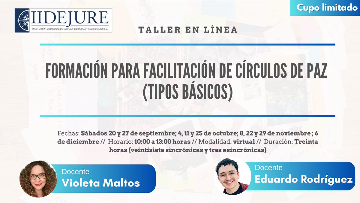 ¡Forma parte del Taller de Formación para Facilitación de Círculos de Paz (Tipos Básicos) y fortalece tus herramientas para el acompañamiento restaurativo!

📩 Más información e inscripciones: forms.gle/54ULvNEgo9B6GS…