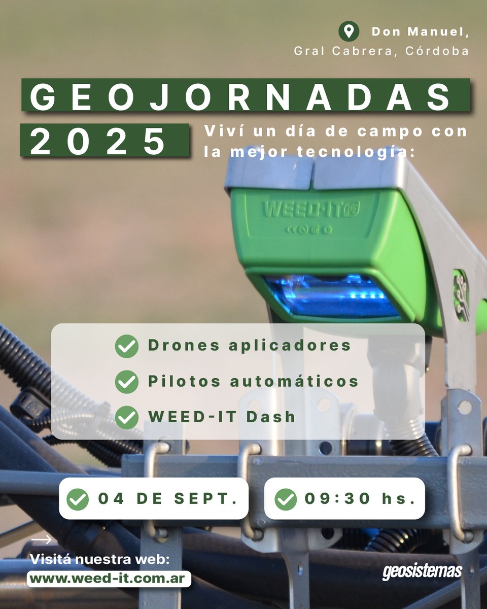 Nueva GeoJornada en General Cabrera – Córdoba

Encuentro a campo para conocer lo último en tecnología agrícola|:
Drones aplicadores
Pilotos automáticos
Weedit Dash 🎯 

📅 4 de septiembre
🕤 9:30 hs – Formato presencial inscripcion 👉shorturl.at/ZCN21
