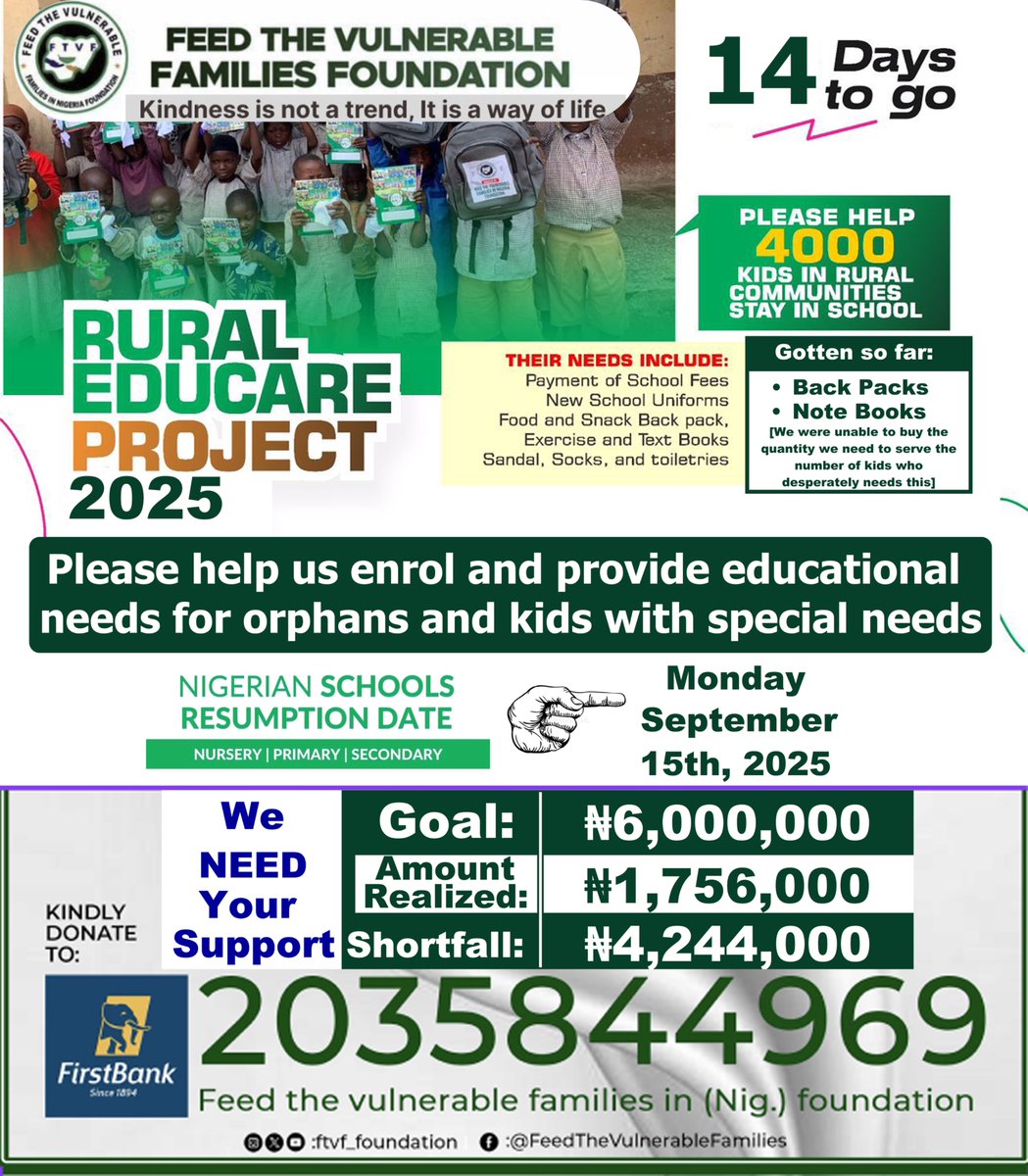 Our team visited and profiled kids, orphans, out of school kids in some of the most remote and underserved communities in Nigeria, ensuring that no child is left without support and love

[2035844969]
FIrst Bank
Feed the Vulnerable
Families

paystack.shop/pay/ftvfdonati…

Kindly donate