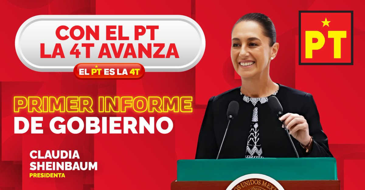 En el marco del Primer Informe de Gobierno de nuestra Presidenta <a href="/Claudiashein/">Claudia Sheinbaum Pardo</a> reconocemos su esfuerzo y trabajo conjunto.

El #PT seguirá siendo un pilar fundamental en la consolidación de la 4T. 

#PTesla4T
#ClaudiaSheinbaum 
#Pr1merInforme