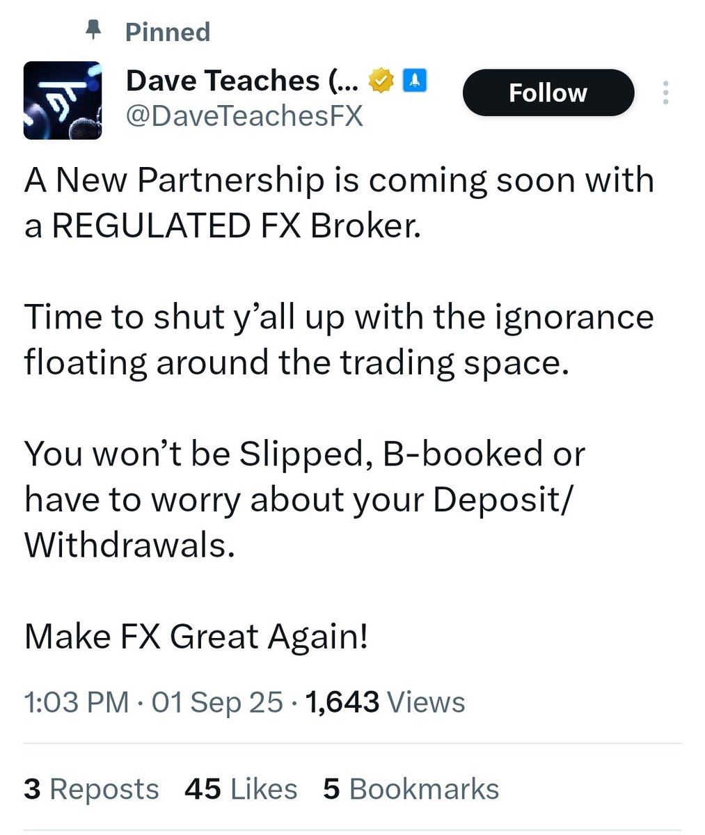 A new scam is coming. Profitable trader my ass. Guy with anger issues has come up with a new strategy every single week this year to show he's not profitable yet through trading, and now a partnership proves that he can't even fund his life.
#daveteachesfx