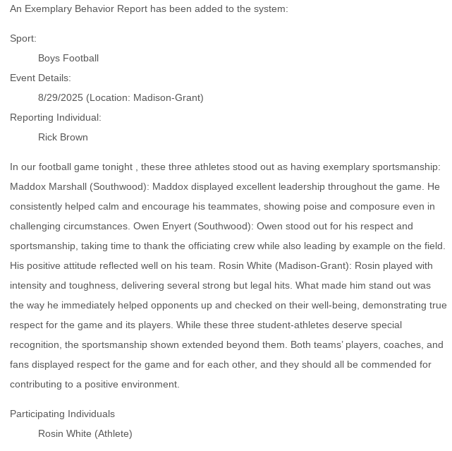Congrats to Rosin White-He received an IHSAA Exemplary Behavior Report for his Sportsmanship on Friday night. I appreciate that Rosin always plays hard. I appreciate even more that he does right by the opponent and officials. Congrats also to the two Southwood players.  #WeAreMG