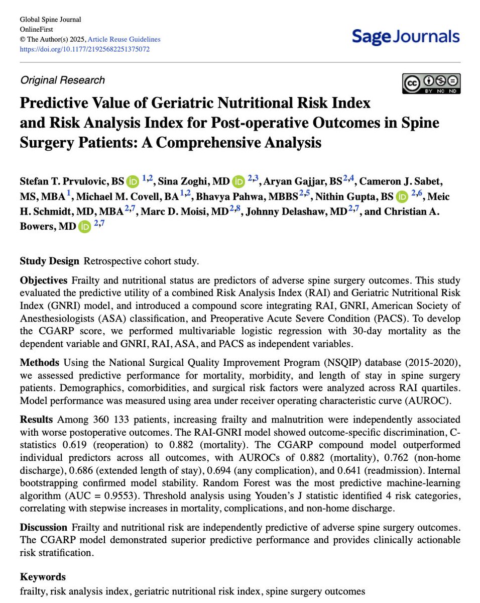Stefan Prvulovic (@stefan_313) on Twitter photo New <a href="/GlobalSpineJ/">Global Spine Journal</a>: We developed the CGARP score, a novel frailty & nutrition-based risk model for spine surgery. It outperforms existing tools in predicting mortality, complications, LOS & discharge outcomes.
Grateful for mentorship from <a href="/bowersbrainsurg/">Christian Bowers</a> and the <a href="/BowersNsgyLab/">Bowers Neurosurgical Frailty and Outcomes Lab</a> New <a href="/GlobalSpineJ/">Global Spine Journal</a>: We developed the CGARP score, a novel frailty & nutrition-based risk model for spine surgery. It outperforms existing tools in predicting mortality, complications, LOS & discharge outcomes.
Grateful for mentorship from <a href="/bowersbrainsurg/">Christian Bowers</a> and the <a href="/BowersNsgyLab/">Bowers Neurosurgical Frailty and Outcomes Lab</a>