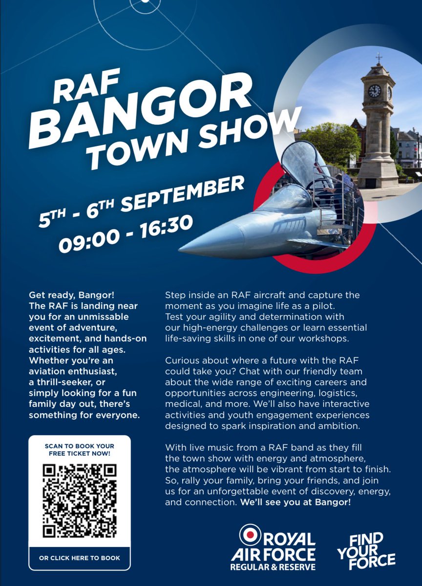 This Friday &amp; Saturday (5-6 September) the RAF Town Show comes to Bangor. 

To register your attendance see: 
visitardsandnorthdown.com/news/2025/8/12… 

You might want to look up to the skies on both days (weather permitting) for some guest appearances overhead.