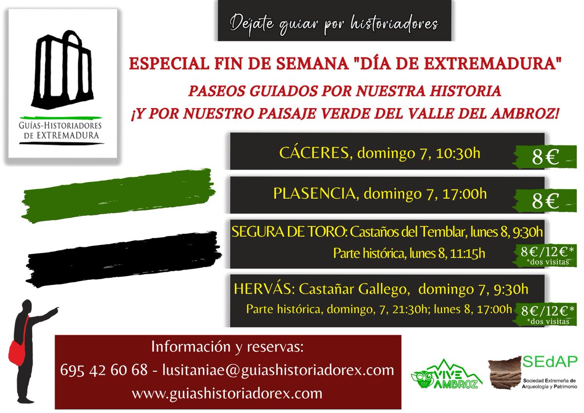 ¡Paseos guiados por nuestra historia! Información y reservas, en nuestro teléfono y correo electrónico de contacto.