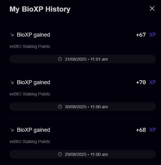 0xAlp.co (@0xalpco) on Twitter photo Selam dostlar,
Bildiğiniz gibi yaps dışında <a href="/BioProtocol/">Bio Protocol</a> üzerinden stake ile de XP kasabiliyoruz.
Bende bazi denemeler yapıyorum:
İlk SS’de 25 dolarlık Bio yi 2 yıl kilitlediğimde çıkan bioXP’yi göreceksiniz.
60-70 civari veriyor
Ekstra günlük ortalama 100 civari bioXP Selam dostlar,
Bildiğiniz gibi yaps dışında <a href="/BioProtocol/">Bio Protocol</a> üzerinden stake ile de XP kasabiliyoruz.
Bende bazi denemeler yapıyorum:
İlk SS’de 25 dolarlık Bio yi 2 yıl kilitlediğimde çıkan bioXP’yi göreceksiniz.
60-70 civari veriyor
Ekstra günlük ortalama 100 civari bioXP