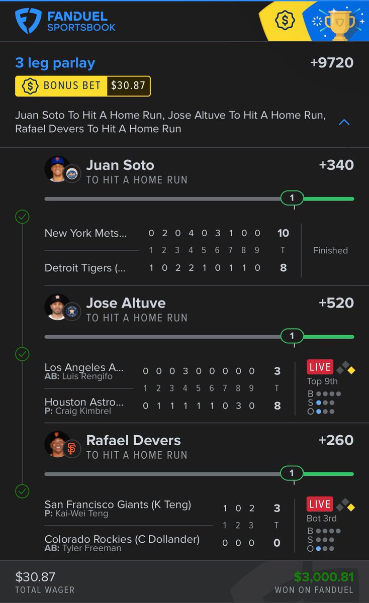 WeHitThose__9's tweet image. PUT SOME RESPECT ON MY NAME!!!!

SOTO ✅✅✅✅
ALTUVE ✅✅✅✅
DEVERS ✅✅✅✅

$30 —&amp;gt; $3,000 💰💰💰💰

ON AN ABSOLUTE HEATER!!!!

Use code ‘NFL’ to join for only $14.99 while the offer lasts (less than 200 spots left)

whop.com/c/thecappersco…