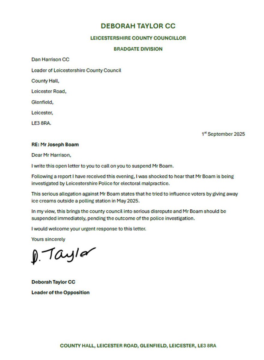 Dylan Hayward (@dylanhayward) on Twitter photo Following my report that police are assessing whether Cllr Boam’s alleged actions constitute electoral treating, Opposition Leader <a href="/CllrDTaylor/">Deborah Taylor</a> has written an open letter to <a href="/LeicsCountyHall/">Leicestershire CC</a> Leader Dan Harrison calling for Boam’s immediate suspension, saying it brings the council Following my report that police are assessing whether Cllr Boam’s alleged actions constitute electoral treating, Opposition Leader <a href="/CllrDTaylor/">Deborah Taylor</a> has written an open letter to <a href="/LeicsCountyHall/">Leicestershire CC</a> Leader Dan Harrison calling for Boam’s immediate suspension, saying it brings the council