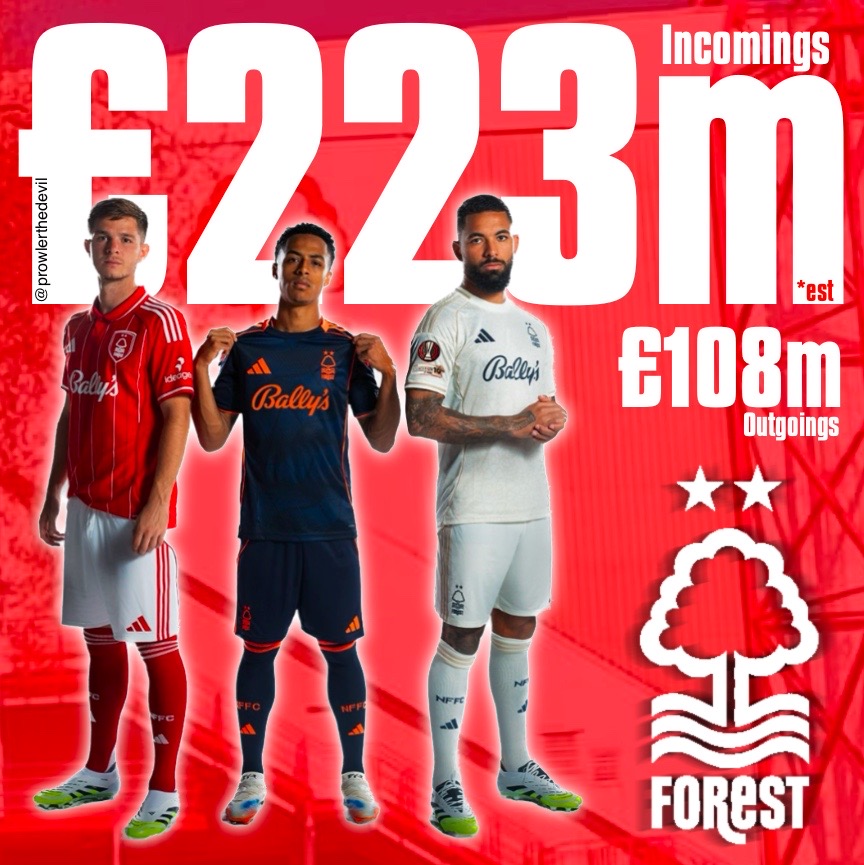 🔴🌳𝗧𝗥𝗔𝗡𝗦𝗙𝗘𝗥 𝗪𝗜𝗡𝗗𝗢𝗪 𝗦𝗨𝗠𝗠𝗘𝗥 𝟮𝟬𝟮𝟱: At the close of the Summer transfer window, These are the transfer fees of the arrivals and departures,There could be more outgoings in the next weeks as some transfer windows are still open. #NFFC

[  📸<a href="/prowlerthedevil/">Matthew</a>]