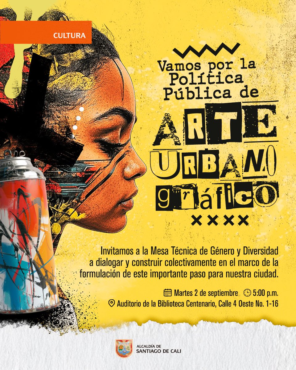 CaliCultura's tweet photo. ¡Cali, sigamos pintando futuro con arte urbano! 🎨
La invitación es para la Mesa Técnica de Género y Diversidad, un espacio donde dialogaremos sobre el rol del arte urbano en nuestra ciudad y construiremos juntos su política pública.
#CaliDistritoCultural https://t.co/SfKgtn0J2G