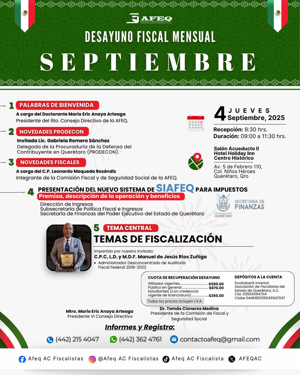 📊☕ | ¡𝗡𝗼 𝘁𝗲 𝗽𝗶𝗲𝗿𝗱𝗮𝘀 𝗲𝗹 𝗽𝗿ó𝘅𝗶𝗺𝗼 𝗷𝘂𝗲𝘃𝗲𝘀 𝗻𝘂𝗲𝘀𝘁𝗿𝗼 𝗗𝗲𝘀𝗮𝘆𝘂𝗻𝗼 𝗙𝗶𝘀𝗰𝗮𝗹 𝗱𝗲 𝗦𝗲𝗽𝘁𝗶𝗲𝗺𝗯𝗿𝗲 𝗱𝗲 𝗔𝗙𝗘𝗤!

𝑰𝑵𝑭𝑶𝑹𝑴𝑬𝑺 𝒀 𝑹𝑬𝑮𝑰𝑺𝑻𝑹𝑶:
📲 WhatsApp: wa.me/524423624761 
📞 Teléfono: 442 362 4761 
📧 contactoafeq@gmail.com