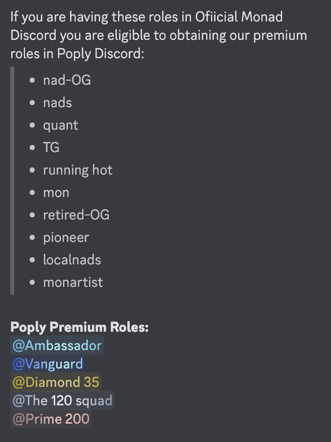 Ihor Porsh (@cryptoporsh) on Twitter photo Poply, an NFT marketplace on monad, is giving away WL for their NFT collection!
If you hold any of these roles, you can get the Premium roles in <a href="/poply_xyz/">Poply ✨ | Monad NFT Marketplace</a> discord:
- nad-OG
- nads
- quant
- TG
- running hot
- mon
- retired-OG
- pioneer
- localnads
- monartist
Join Poply Poply, an NFT marketplace on monad, is giving away WL for their NFT collection!
If you hold any of these roles, you can get the Premium roles in <a href="/poply_xyz/">Poply ✨ | Monad NFT Marketplace</a> discord:
- nad-OG
- nads
- quant
- TG
- running hot
- mon
- retired-OG
- pioneer
- localnads
- monartist
Join Poply