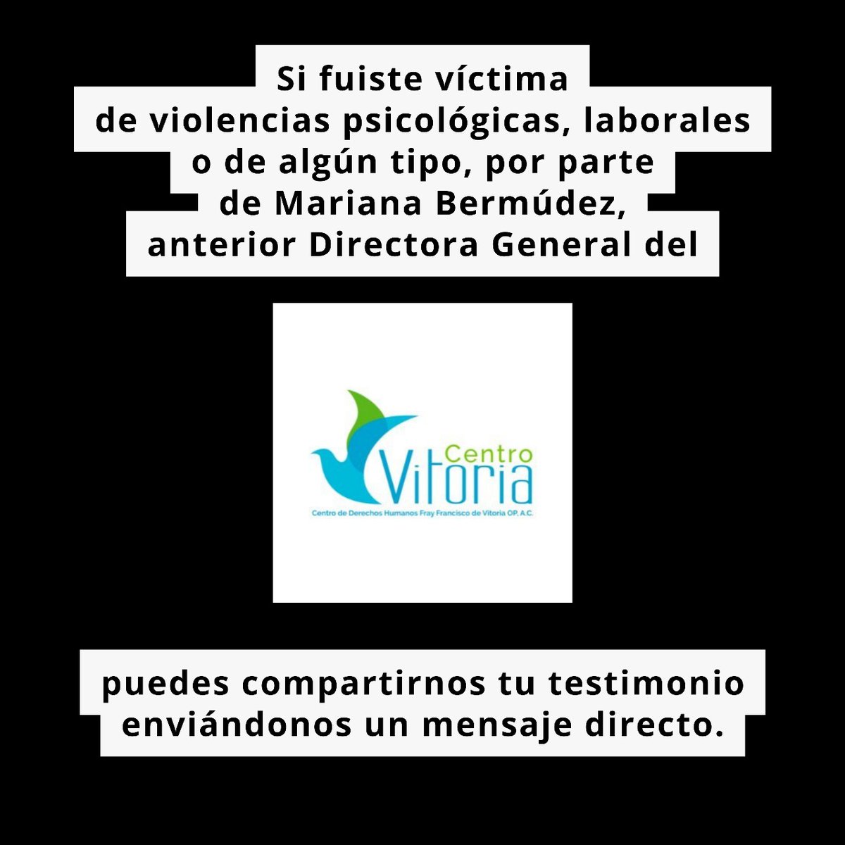 El abuso de poder en las organizaciones de la sociedad civil, tiene consecuencias y afectaciones que necesitan ser reparadas.

No es funa, es denuncia pública ante la no disposición para asumir las responsabilidades que le tocan a Mariana Bermúdez y al <a href="/CentroVitoriaMX/">Centro Vitoria</a>