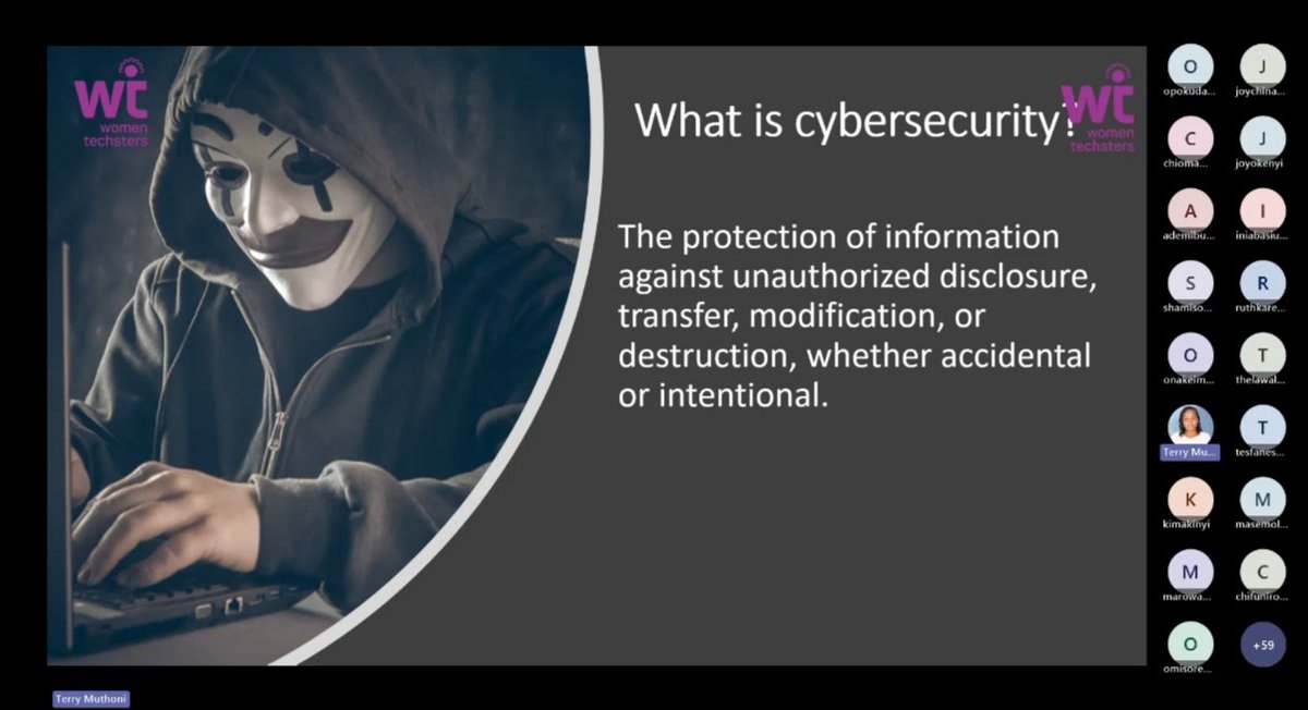 wildfl0w6r's tweet image. Day 1 of my Cybersecurity Journey

Today was the official start of my Women Techsters Fellowship program in the Cybersecurity track, and I’m honestly so excited about what’s ahead

Our facilitator, Terry Muthoni, introduced us to cybersecurity in such a simple yet interesting way