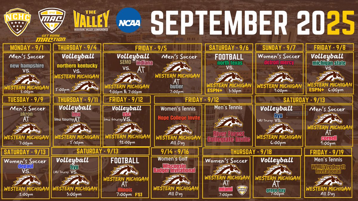 BroncoBarn's tweet image. The September Sports Calander is so big we had to add 2 more pages!

What events are you going to this month?
#MACtion #TheValleyRunsDeep