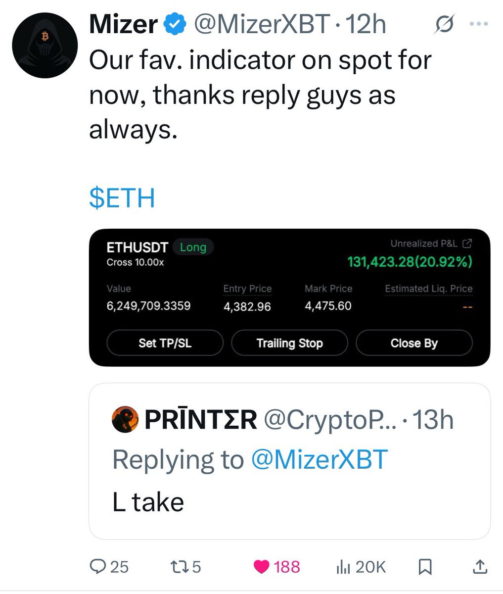 CryptoPrinter17's tweet image. $ETH at 4,260$

@MizerXBT is a great trader, but today he was wrong 🤷‍♂️

I think bullrun has ended. We went from 17k-124k double top. I think we are due a proper bear market for 6-8 months. 

Green candles are made to add to your short position 🧏‍♂️