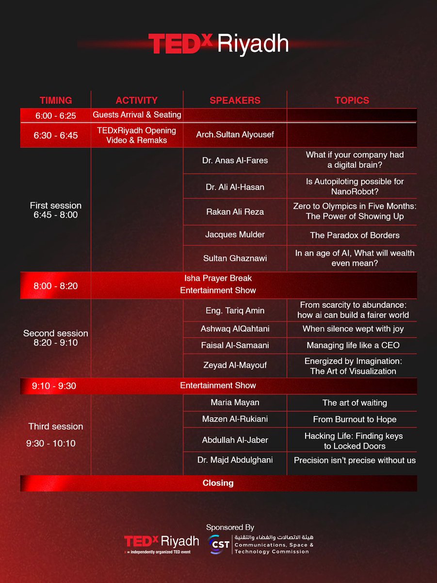 !⌛️The wait is over 
The full #TEDxRiyadh agenda is LIVE! 🚀 Get ready for a day of bold ideas, powerful talks, and inspiring stories that will spark your next big thought

الجدول الكامل لـ #تيدكس_الرياض صار بين يديكم! 🚀 
يوم واحد، أفكار جريئة، قصص ملهمة، وتجارب ستغيّر نظرتكم