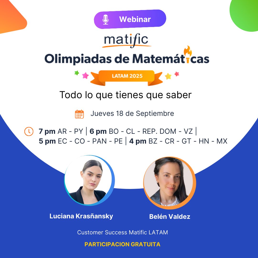 Docentes y directivos de LATAM: ¡Se vienen las Olimpiadas de Matemáticas Matific 2025! 

Únete a nuestro webinar informativo .

🗓 Jue 18/09
⏰ 7 pm AR-PY | 6 pm BO-CL-RD-VZ | 5 pm EC-CO-PAN-PE | 4 pm BZ-CR-GT-HN-MX

Gratis 👉 bit.ly/3Vrjqjl

#Matific #OlimpiadasMatific