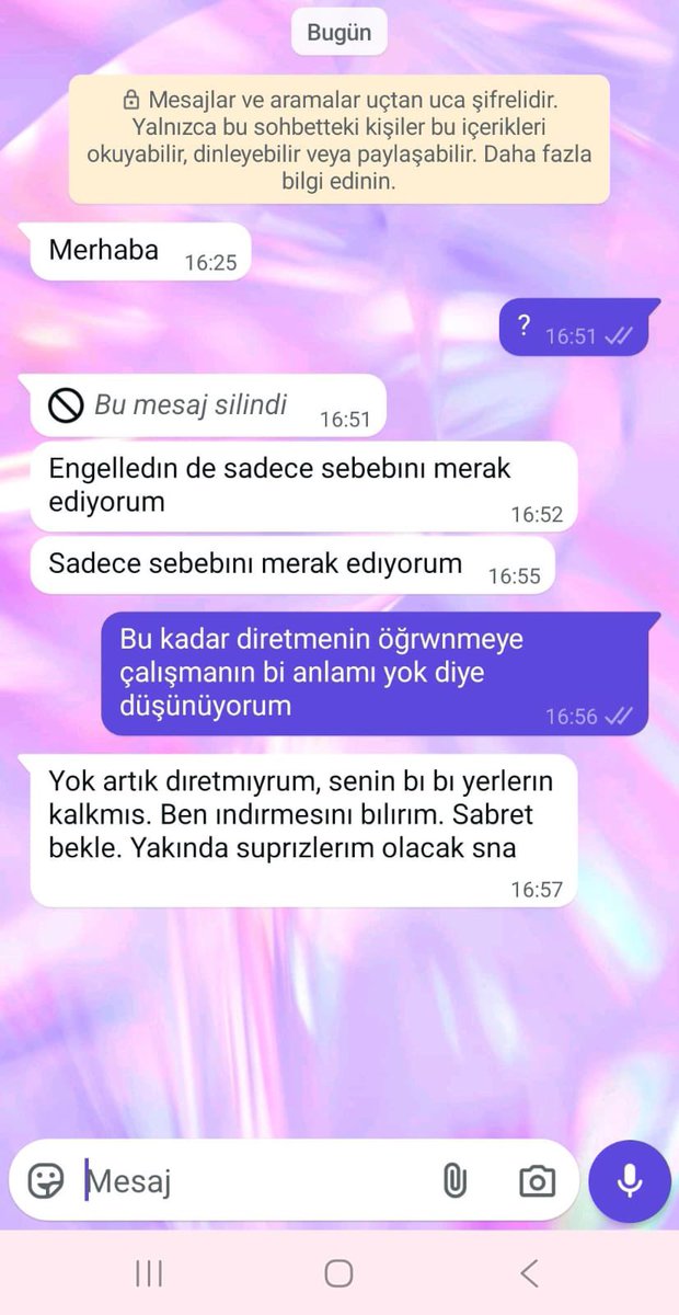 TEHDİT EDİLEN BİR KADIN İÇİN YAZIYORUM ( flood )
Ankara da gerek fiziki gerek mesajlarla türlü tacizde bulunan A.K. adlı şahsın tutuklanmasını talep ediyoruz. Arabasının içinde sözlü ve fiziki tacizlerde bulunmuştur. O günün ardından engellendiğini görünce tehdit mesajı atmıştır
