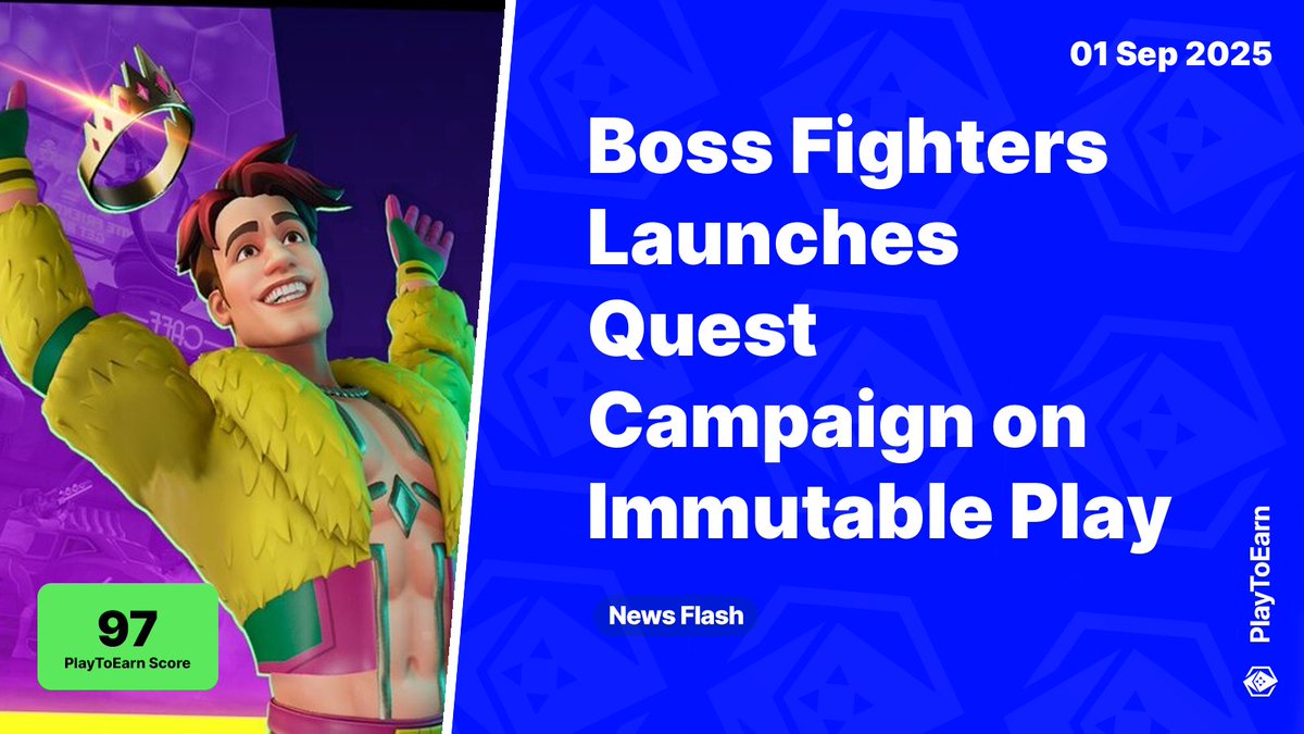 PlayToEarn (@playtoearn) on Twitter photo Boss Fighters Launches Quest Campaign on Immutable Play 🏆
PlayToEarn Score: 97 📈
💎<a href="/Immutable/">Immutable</a> and <a href="/BossFightersX/">BOSS FIGHTERS ⚡️ $BFTOKEN</a> have teamed up to launch the Quest Campaign on the Immutable Play platform, expanding the game’s reach while adding a variety of quests to earn Gems
Read more 🧵 Boss Fighters Launches Quest Campaign on Immutable Play 🏆
PlayToEarn Score: 97 📈
💎<a href="/Immutable/">Immutable</a> and <a href="/BossFightersX/">BOSS FIGHTERS ⚡️ $BFTOKEN</a> have teamed up to launch the Quest Campaign on the Immutable Play platform, expanding the game’s reach while adding a variety of quests to earn Gems
Read more 🧵