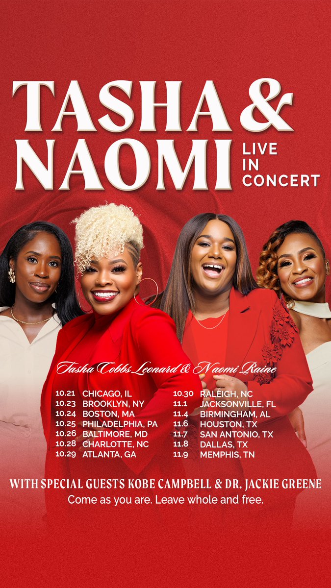 ‼️TOUR‼️
We can’t see you at these powerful nights of WORSHIP AND PRAISE! Tasha and Naomi will be singing some of our faves and some NEW Songs! Get your tickets now for 20% Off (Labor Day Sale) 
tashaandnaomilive.com