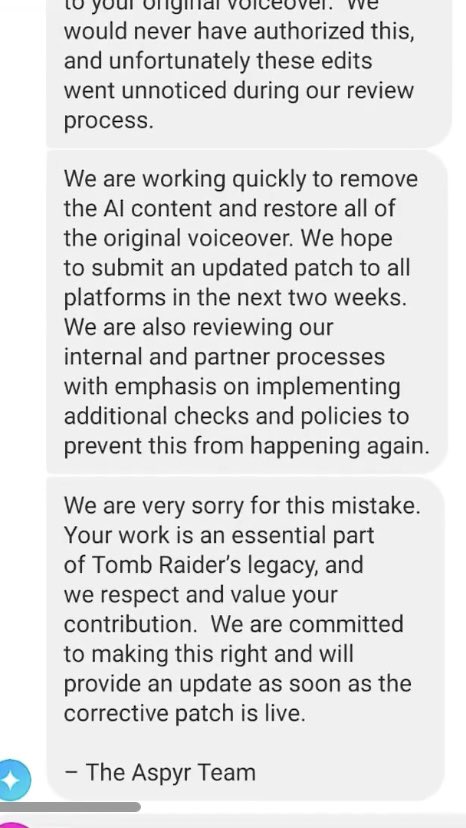 ✨UPDATE ON THE AI USAGE✨

It appears that the Brazilian voice actress for Lara Croft has been contacted by Aspyr on the usage of AI in the Remasters.

A PATCH to fix ✅these issues is being worked on that will release in two weeks!

Read below:

#NoAIinTR #TombRaiderRemastered