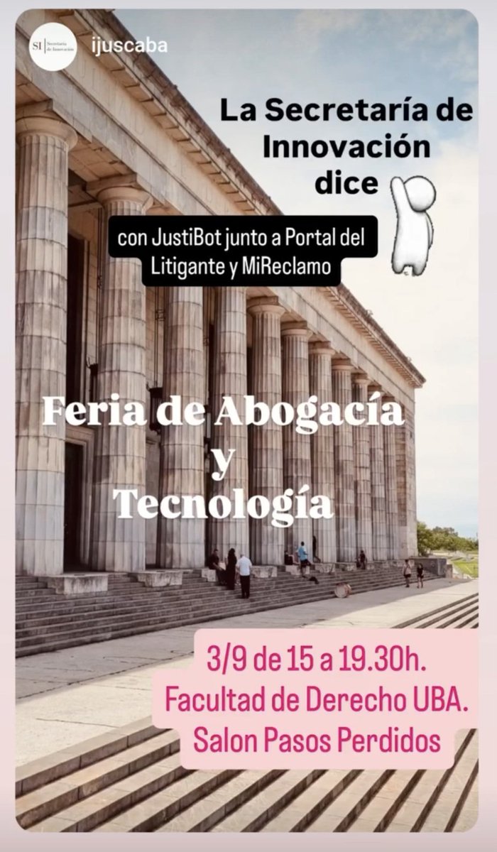 Innovación Justicia CABA (@ijuscaba) on Twitter photo Este #3Sept estaremos con #JustiBotIA junto a <a href="/odlitigante/">Defensa del Litigante</a> y #MiReclamo presentes en la
📢 Feria de Abogacía y Tecnología: #innovacion para el ejercicio profesional en la <a href="/DerechoUBA/">Facultad de Derecho</a>
#JusticiaDeLaCiudad #MásCercaTuyo Este #3Sept estaremos con #JustiBotIA junto a <a href="/odlitigante/">Defensa del Litigante</a> y #MiReclamo presentes en la
📢 Feria de Abogacía y Tecnología: #innovacion para el ejercicio profesional en la <a href="/DerechoUBA/">Facultad de Derecho</a>
#JusticiaDeLaCiudad #MásCercaTuyo