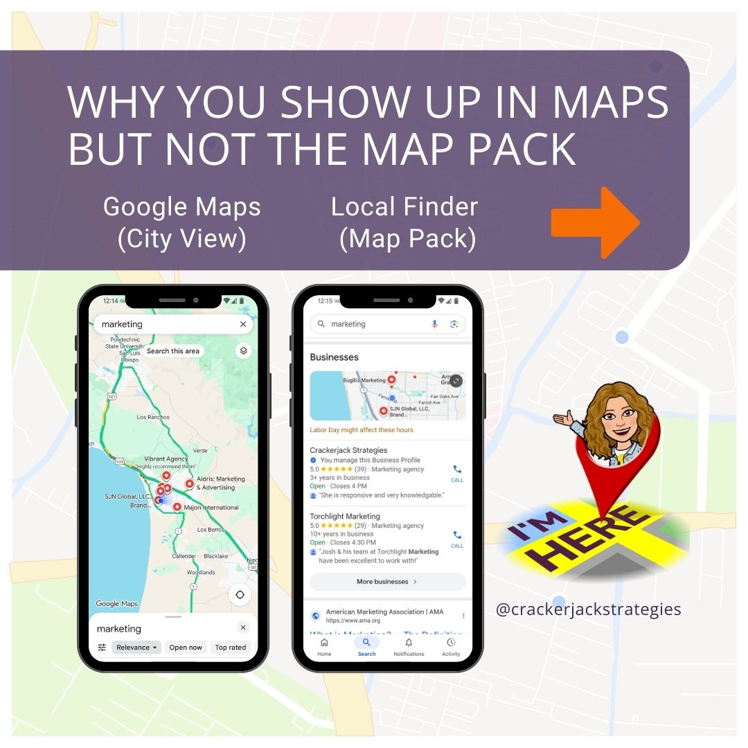 CrackerjackStr's tweet image. 📍Google Maps, the Local Pack, and the Local Finder all pull from different data structures and ranking signals. 🧭 You don’t need to figure this out alone. 

Let&apos;s Fix That!

#localSEO #GoogleBusinessProfile #MapPack #smallbusinesstips #crackerjackstrategies