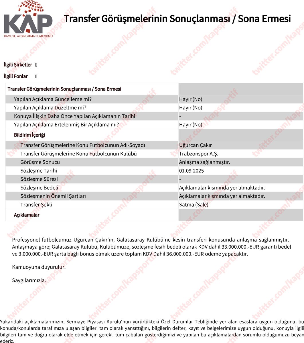lemarcaspors_'s tweet image. KAP | Uğurcan Çakır, 33+3M€ karşılığında Galatasaray&apos;da.