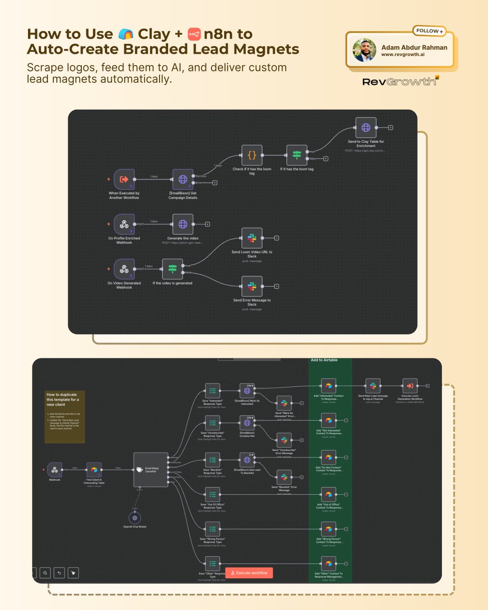 AdamrahmanGTM's tweet photo. Our team at @revgrowthai  built a Clay + n8n workflow that automatically creates personalized lead magnets for every interested prospect using their company branding. 

Here's the complete workflow:

1: Response management workflow (bottom screenshot in infographic) in n8n captures all responses from EmailBison campaigns and uses GPT-4o to score prospect interest levels automatically.

2: When a lead scores as "interested," it triggers our n8n webhook to begin the personalization process.

3: The workflow uses Logo (dot) dev to scrape and extract the prospect's company logo directly from their website.

4: OpenAI's image generation gets prompted to create custom branded lead magnets (like coffee cups, notebooks, etc.) featuring the prospect's actual company logo.

5: Final branded mockups are automatically pushed to Slack where our sales reps can immediately follow up with personalized, branded visuals.

This creates hundreds of unique, branded lead magnets automatically - each one tailored specifically to the prospect's company. It's personalization at scale without manual design work.

The applications are endless: branded merchandise mockups, custom product visualizations, personalized case studies, etc. All possible with creativity and having some technical chops

Let me know if you have any questions in the comments below!