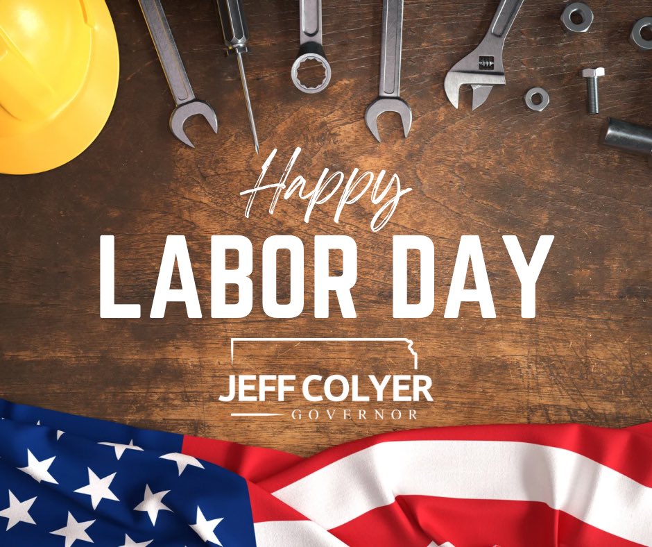 Happy Labor Day, Kansas! Today we honor the resilient &amp; dedicated Kansans who keep our state moving — farmers, builders, factory crews, medical professionals, law enforcement, and so many others who give their all every day. Their commitment builds our communities and powers our