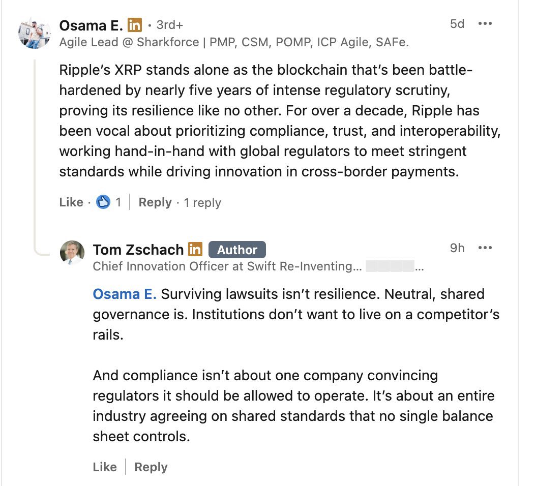 This ends the $XRP/Swift debate. 

It's literally over. 

Institutions will work together through Swift like they always have.

They'll use Chainlink/Swift infra for any blockchain needs. 

End of story. Nothing else makes sense.