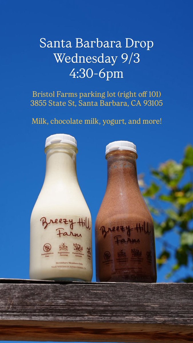 Santa Barbara Drop
Wednesday 9/3
4:30-6pm

Bristol Farms parking lot (right off 101)
3855 State St, Santa Barbara, CA 93105

Milk, chocolate milk, yogurt, and more!
