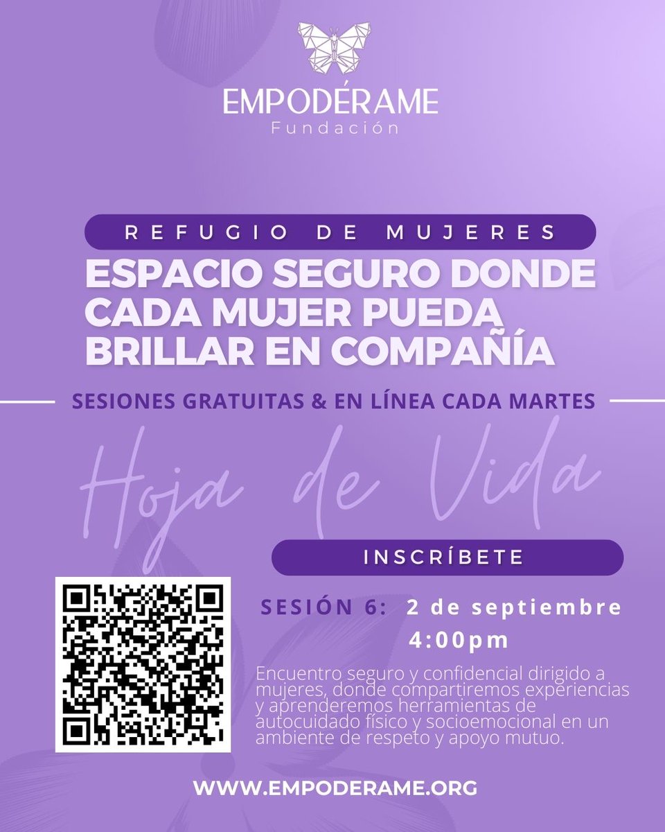 Empoderame_'s tweet image. 💜 Únete a Refugio de Mujeres, espacio gratuito en línea para tu bienestar emocional. Este martes 2 de septiembre aprendemos a crear la hoja de vida ideal y potenciar la búsqueda de empleo. ¡Inscríbete! 👉 wix.to/IyIBivm
 #SaludMental #BienestarFemenino #Empoderamiento