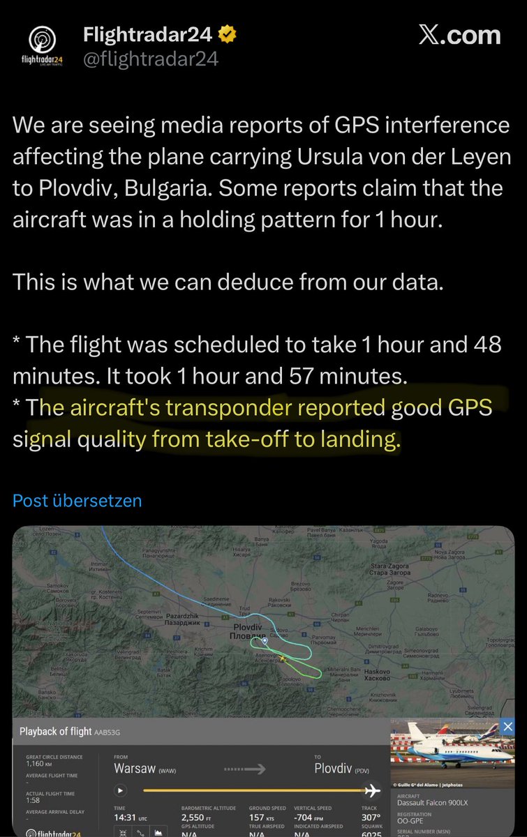 <a href="/derspiegel/">DER SPIEGEL</a> .<a href="/flightradar24/">Flightradar24</a> dementiert auch… Werte Kollegen, wie kommt Ihr vor diesem Hintergrund dazu, im Indikativ von  “…russische Störattacke hat dafür gesorgt…” zu schreiben? 🤔