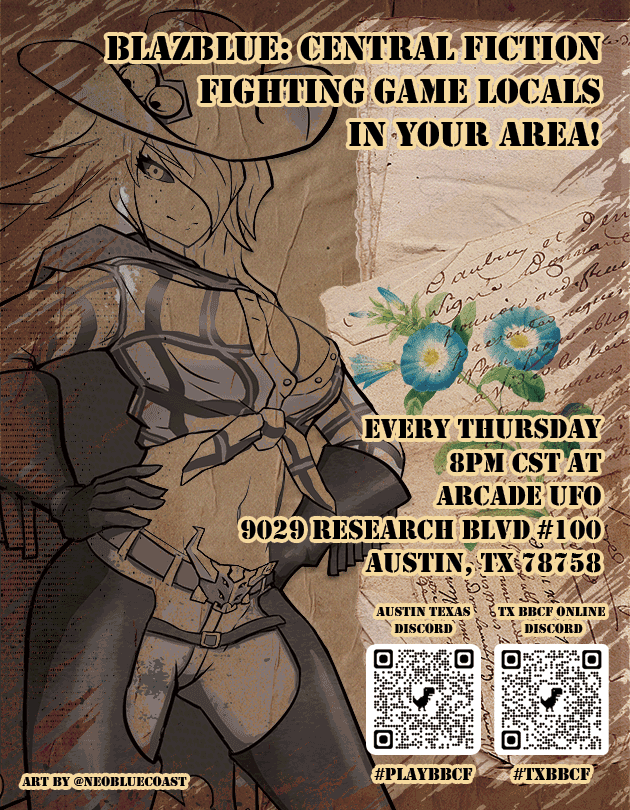Chickzama's tweet photo. Current little project for all the Texas locals I'm working on:
Physical flyers to print, feat. that city's TO main dressed western themed + QRs to the local discords.
#BBCF #TXBBCF https://t.co/7jIpVWGfEY