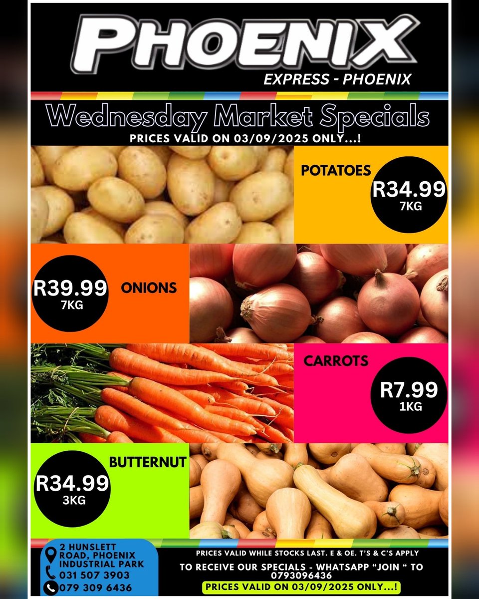 phxexpress's tweet photo. 🇿🇦 Wednesday Market Day Specials 🇿🇦
Visit us for More Awesome Specials In-store. 

Prices valid on 03/09/2025 ONLY...!

Promotion valid whilst stocks last.!!!
Products may vary from pictures. 
#phoenixexpress #phoenix #express #amaoti #ntuzuma #mountmoriah #deals #special https://t.co/Xawq4raJx2