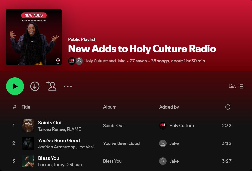 The perfect playlist to listen to filled with the newest added songs to Holy Culture Radio 📲

Check out the “New Adds” playlist on Spotify, updated weekly!

Playlist link: open.spotify.com/playlist/7yeGM…

⭐ Starring on the cover this week is @tarcearenee