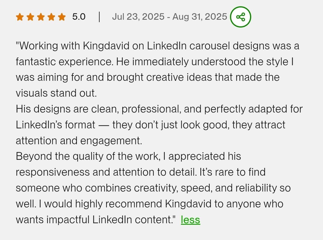 kingdavidneriah's tweet image. Client review on Upwork 💪
The reviews keeps on going hard. WAGMI!
It may not be today, but it will come for sure.

stay kinging 💫