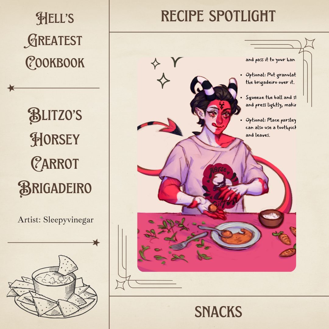 🐴 🥕 🧆 For all the horse-obsessed folk like Blitzø, these carrot Brigaderios are a sure-fire hit!

Recipe Spotlight: Artist- <a href="/sleepy_vinegar/">Júlia 🪚</a> 
#HGCB #HellsGreatestCookbook #HazbinHotel #Fanzine
Pre-Orders Open! hellsgreatestcookbook.bigcartel.com