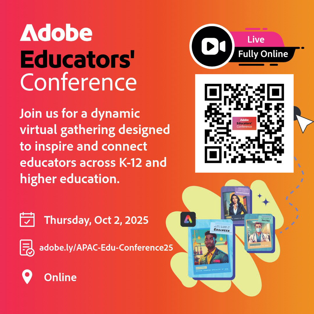 There are a wide range of workshop options available for K-12 &amp; HED teachers at the free &amp; online APAC Adobe Educators Conference on Oct 2. Find out more, share &amp; get involved - 
adobe.ly/APAC-Edu-Confe… 
#AdobeEduCreative #aussieED #edchat #adobeexpress