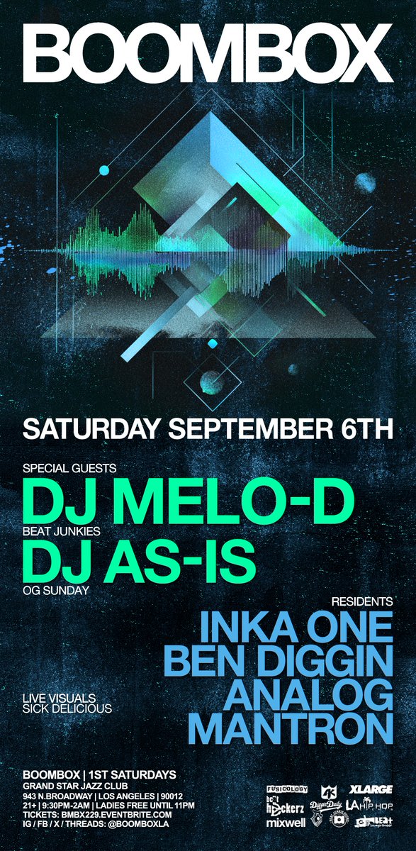 [SATURDAY] <a href="/BoomboxLA/">BOOMBOX</a> is back with turntable icon @DJMELOD [Beat Junkies] + the Boombox debut of @DJASIS [OG Sunday]! definitely gonna be a heater with these 2 aliens on the set. cop DISCOUNT PRESALE TICKETS now and prepare to witness the fitness!
TICKETS: bmbx229.eventbrite.com