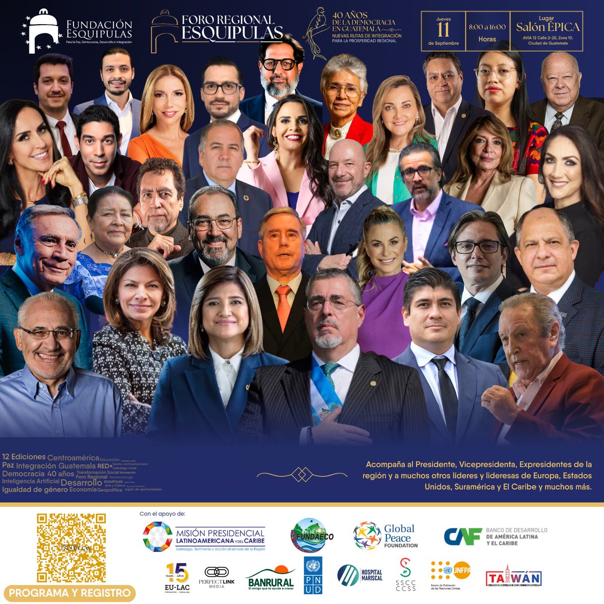 🇬🇹 A 40 años del camino democrático, el Foro Regional Esquipulas 12.ª ed. nos convoca a renovar compromisos por integración y prosperidad. 🌎✨

🗓️ 11 sept | 📍 AVIA, zona 10
🔗 Registrate: eventbrite.es/e/158323197244…

#FRE2025 #MásAlláDeLasIdeologías #RegiónDeOportunidades