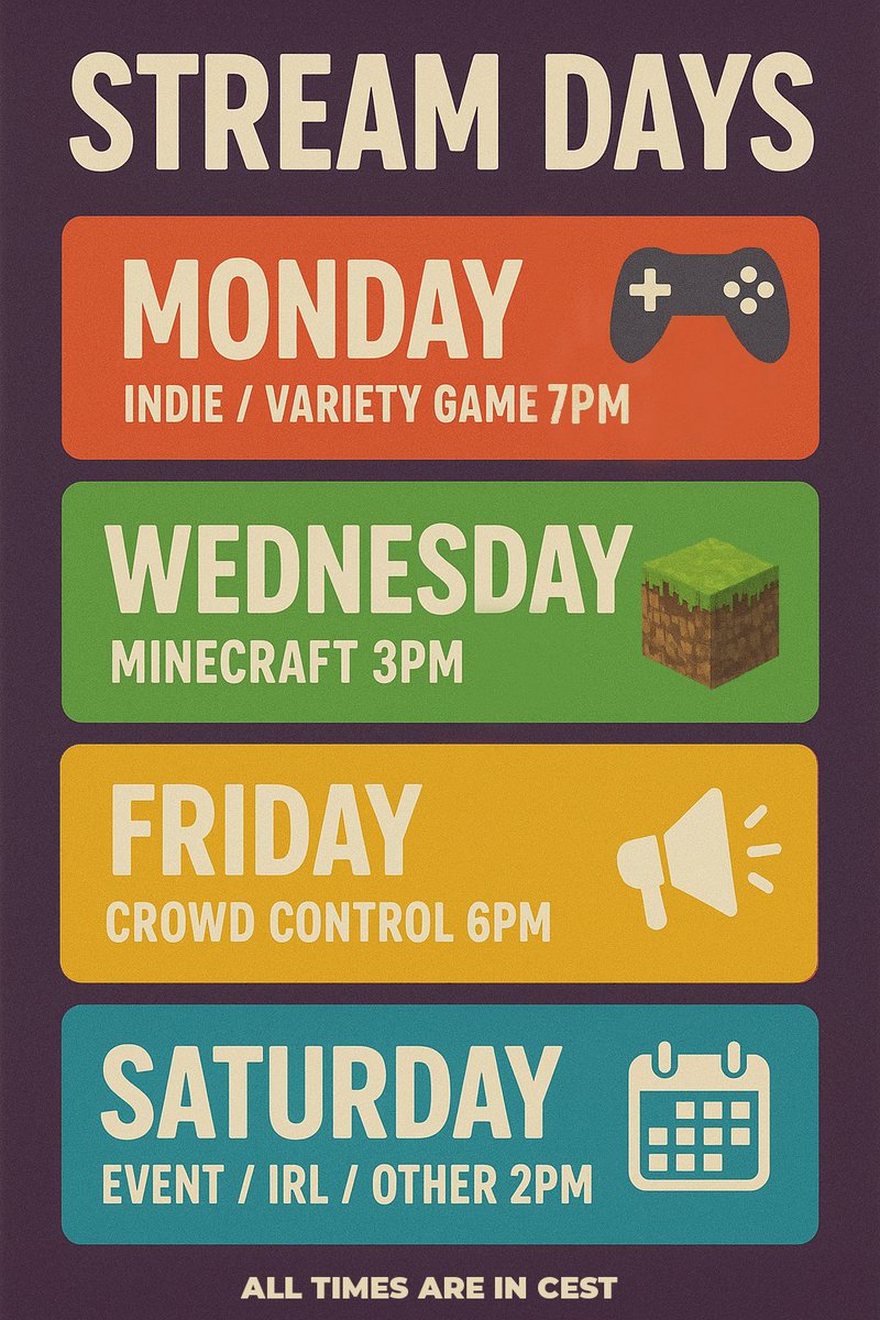 I finally have a set schedule for streams (for now 😎).

This will be the schedule moving forward, but it may change in the future as things evolve.
Thanks for being here and supporting, I can’t wait to hang out with you all during these streams! 😁

Here’s what it looks like: