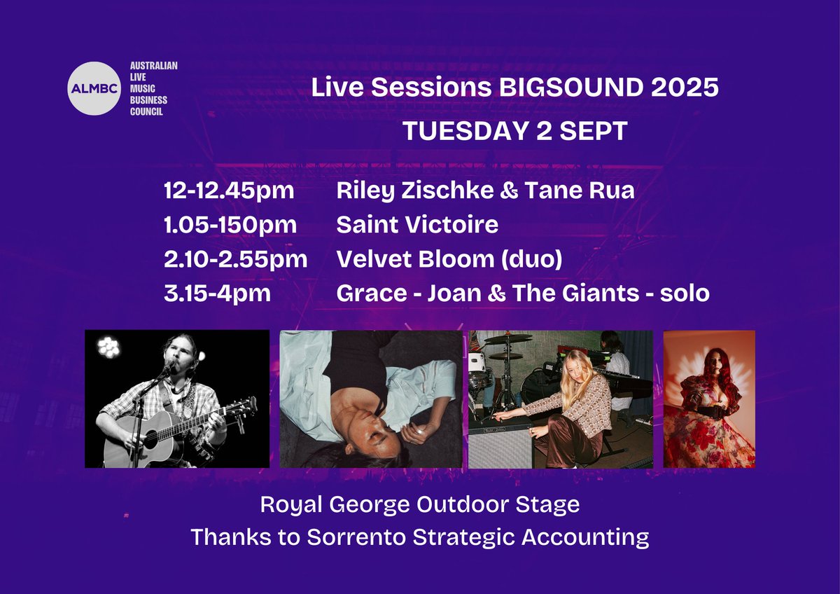 Kicking off today 12pm - 4pm at the Royal George Outdoor Stage. ALMBC Live Sessions @ BIGSOUND 2025.

almbc.org.au/industry-news/